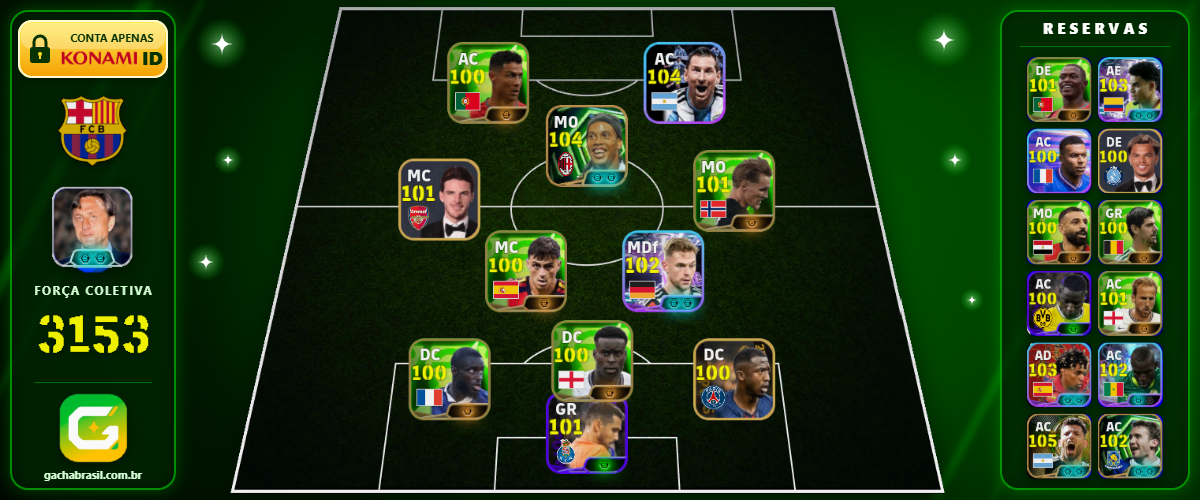 Imagem da oferta [FORÇA: 3153] AGÜERO 105 + MESSI 104 + RONALDINHO 104 + CR7 100 - CONTA EFOOTBALL MOBILE