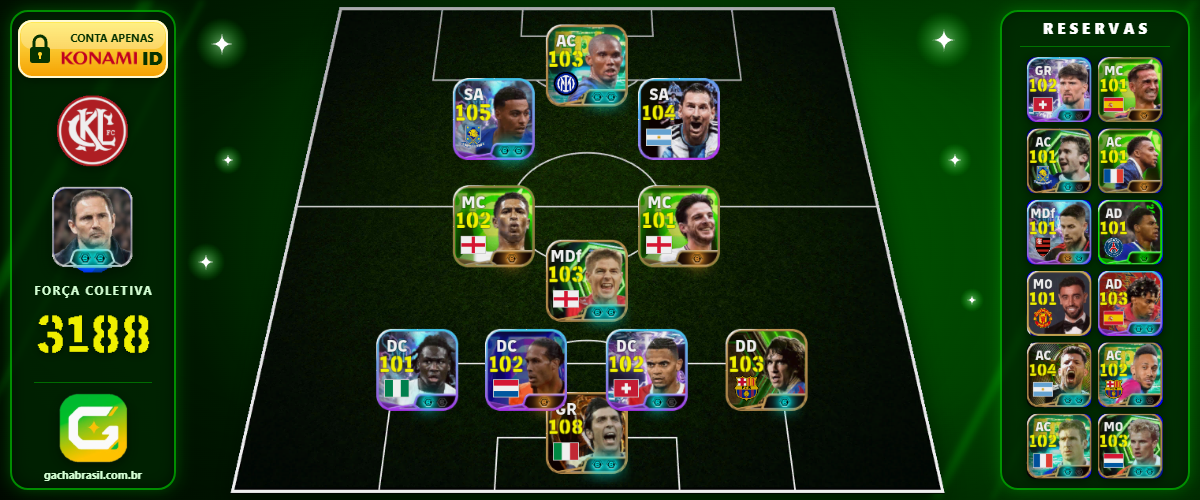 Imagem da oferta [FORÇA: 3188] BUFFON 108 + MESSI 104 + M. ROGERS 105 + ETO'O 103 - CONTA EFOOTBALL MOBILE