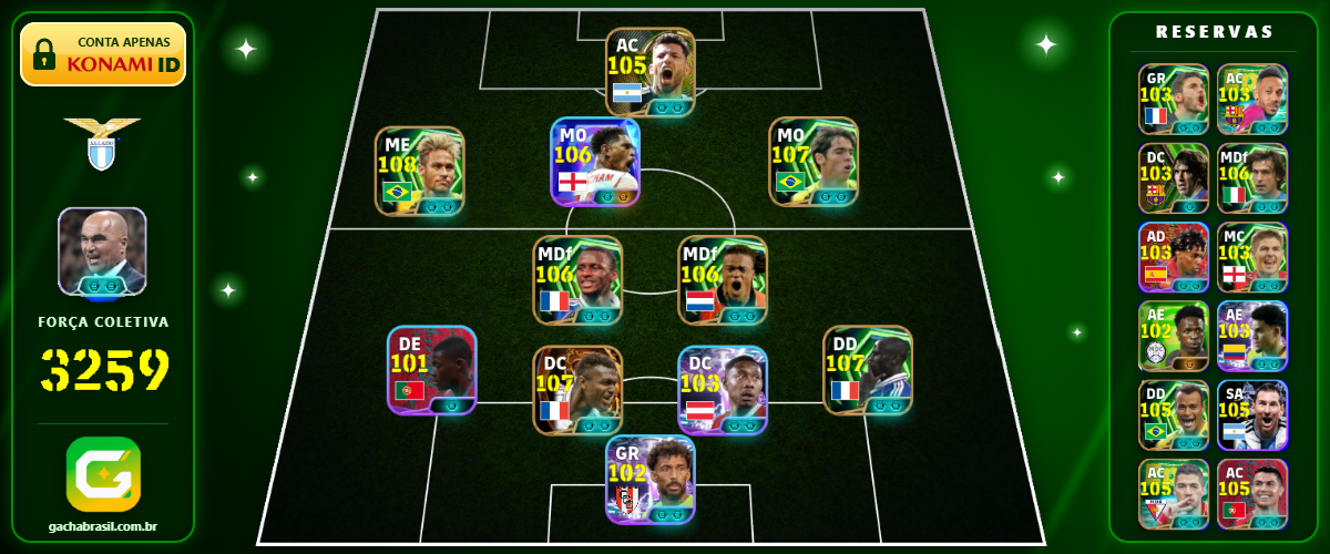 Imagem da oferta [FORÇA: 3259] NEYMAR 108 + THURAM 107 + KAKÁ 107 + DESAILLY 107 - CONTA EFOOTBALL MOBILE