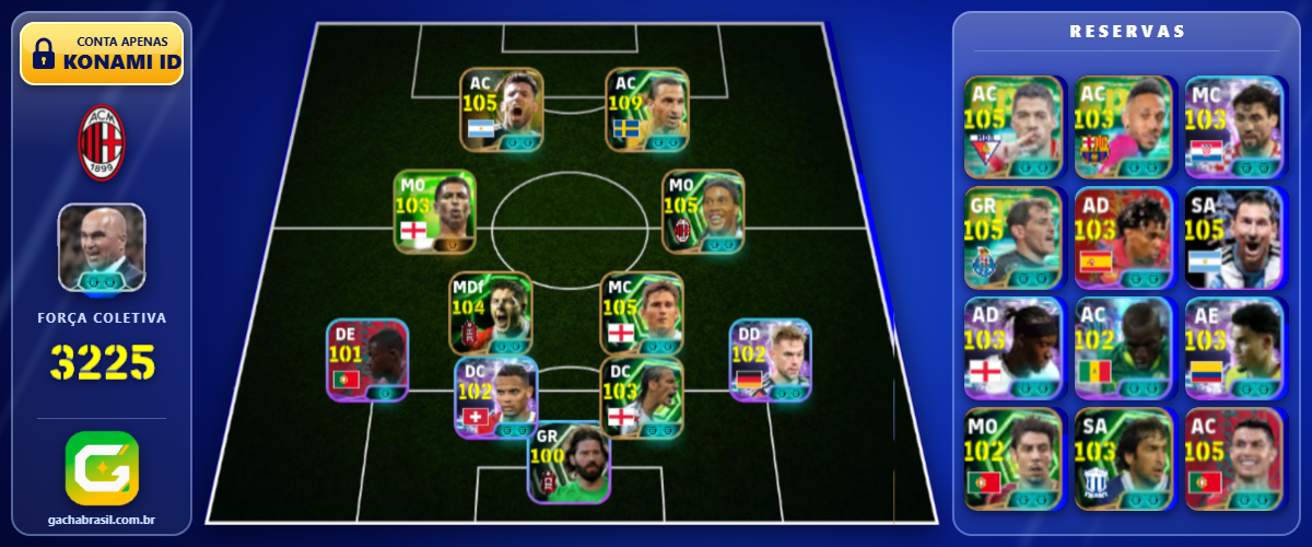 Imagem da oferta [CONTA] [FORÇA: 3225] MESSI 105 + RONALDO 105 + RONALDINHO 105 + IBRAHIMOVIC 109