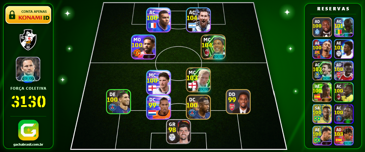 Imagem da oferta [FORÇA: 3130] MESSI 104 + RONALDINHO 104 + YAMAL 103 + SCHOLES 103 - CONTA EFOOTBALL MOBILE