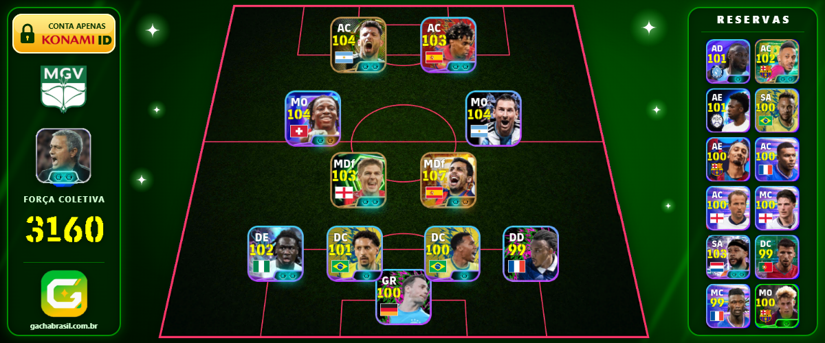 Imagem da oferta [FORÇA: 3160] MESSI 104 + RODRI 107 + AGUERO 104 + NEYMAR 100 - CONTA EFOOTBALL MOBILE