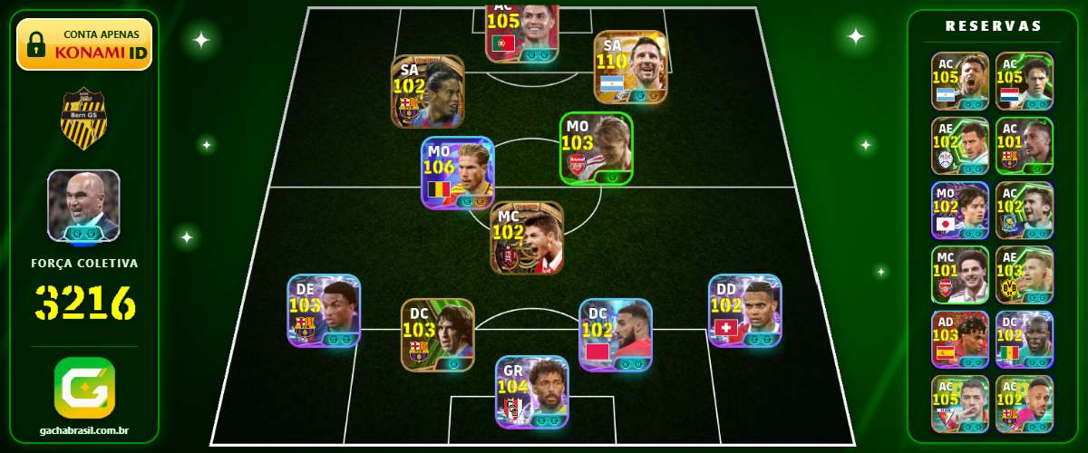 Imagem da oferta [FORÇA: 3216] MESSI 110 + DE BRUYNE 106 + CR7 105 + VÓZINHA 104 - CONTA EFOOTBALL MOBILE