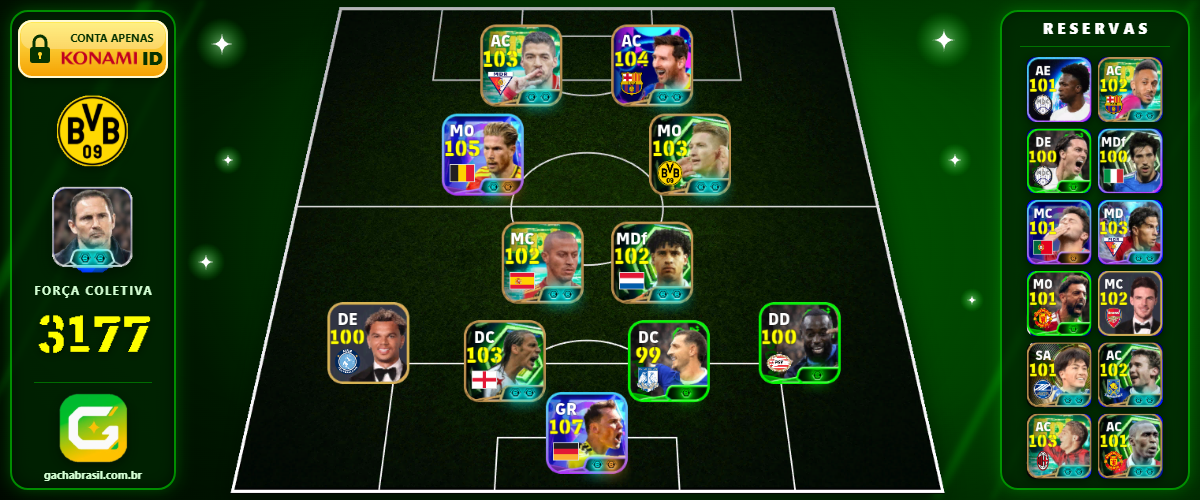 Imagem da oferta [FORÇA: 3177] NEUER 107 + DE BRUYNE 105 + MESSI 104 + FERDINAND 103 - CONTA EFOOTBALL MOBILE