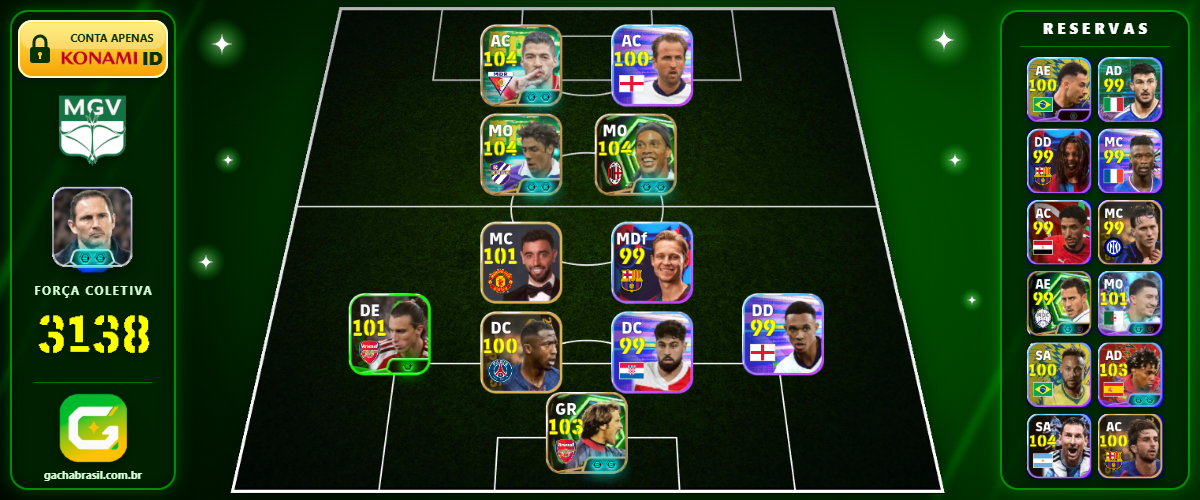 Imagem da oferta [FORÇA: 3138] RUI COSTA 104 + RONALDINHO 104 + SUAREZ 104 + SEAMAN 103 - CONTA EFOOTBALL MOBILE