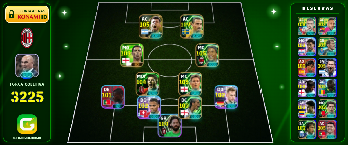 Imagem da oferta [FORÇA: 3225] IBRAHIMOVIC 109 + MESSI 105 + RONALDINHO 105 + CR7 105 - CONTA EFOOTBALL MOBILE