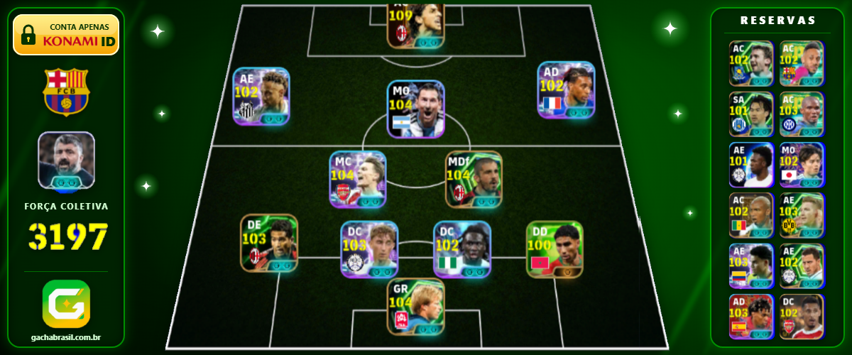 Imagem da oferta [FORÇA: 3197] MESSI 104 + NEYMAR 102 + YAMAL 103 + VINI JR 101 - CONTA EFOOTBALL MOBILE