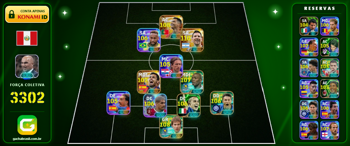 Imagem da oferta [FORÇA: 3302] MESSI 110 + CR7 108 + NEYMAR 106 + RONALDINHO 105 - CONTA EFOOTBALL MOBILE