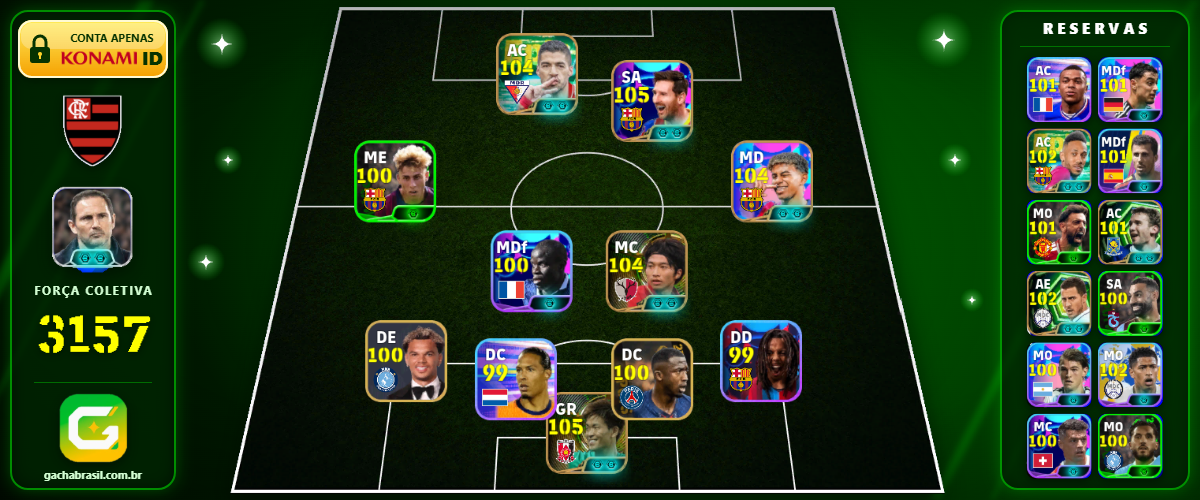 Imagem da oferta [FORÇA: 3157] MESSI 105 + YAMAL 104 + SUAREZ 104 + GAKU 104 - CONTA EFOOTBALL MOBILE